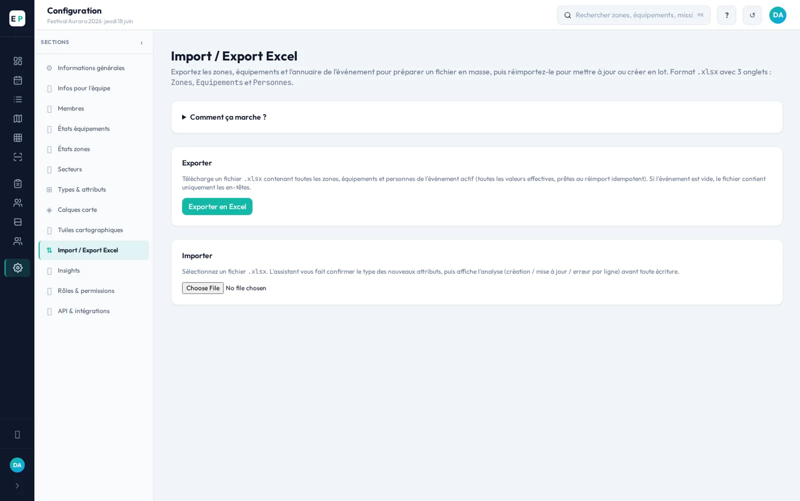 Export Excel EventPlanner : téléchargez zones, équipements et annuaire en un clic, format .xlsx standard