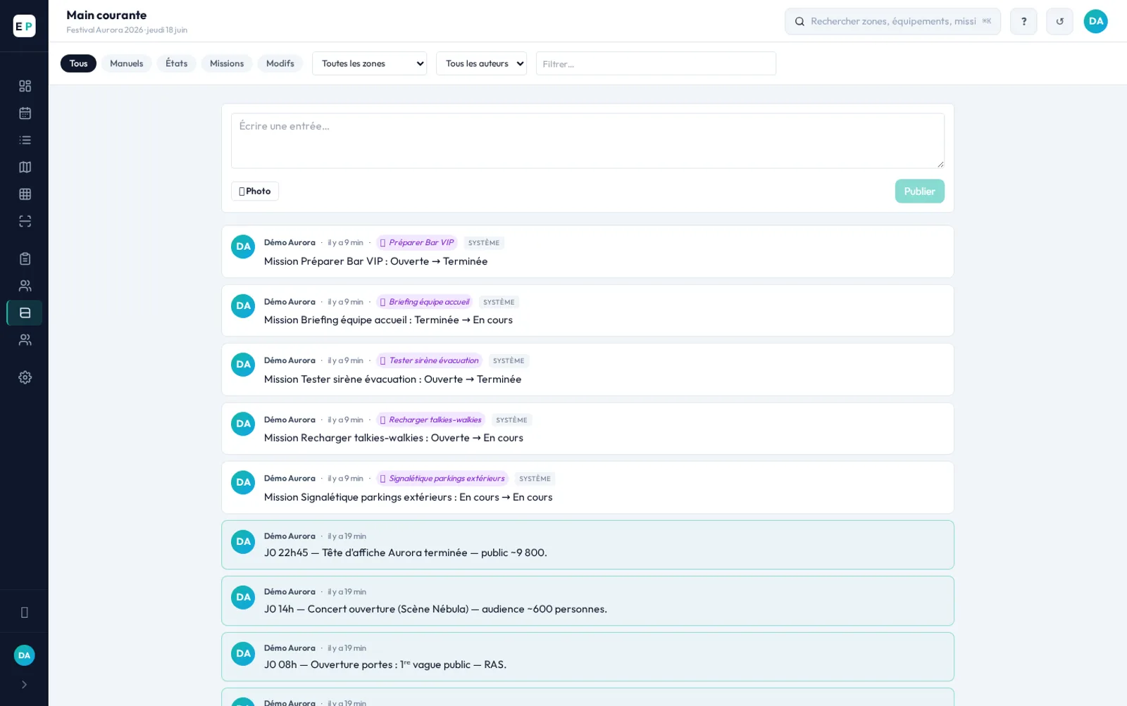 Main courante EventPlanner : journal horodaté des décisions et incidents, signé par auteur