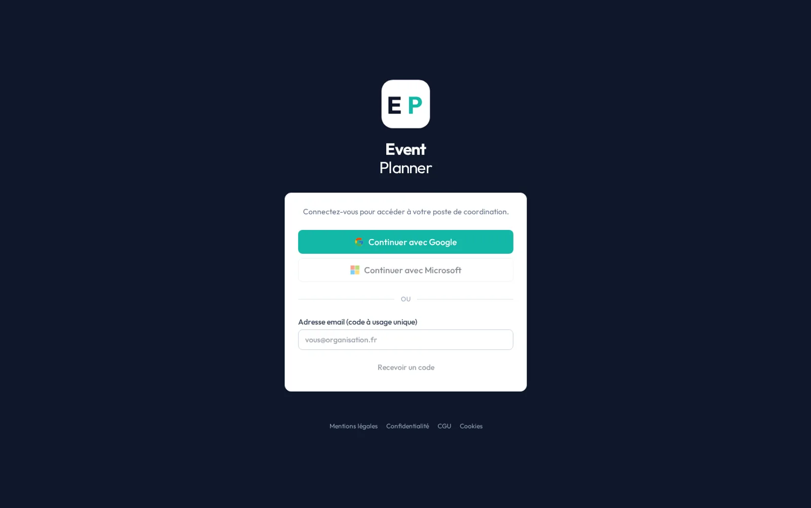 Page de connexion EventPlanner avec bouton Google — aucun mot de passe à retenir