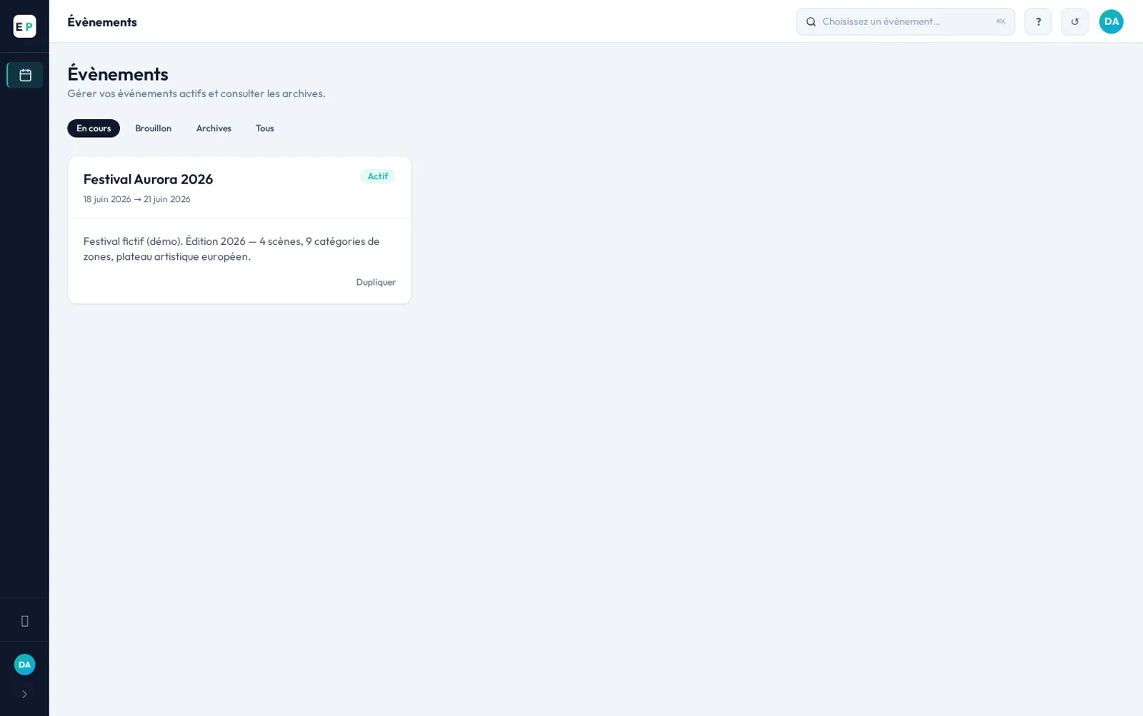 Liste des événements EventPlanner — plusieurs événements gérés depuis un seul compte, chacun dans son espace isolé
