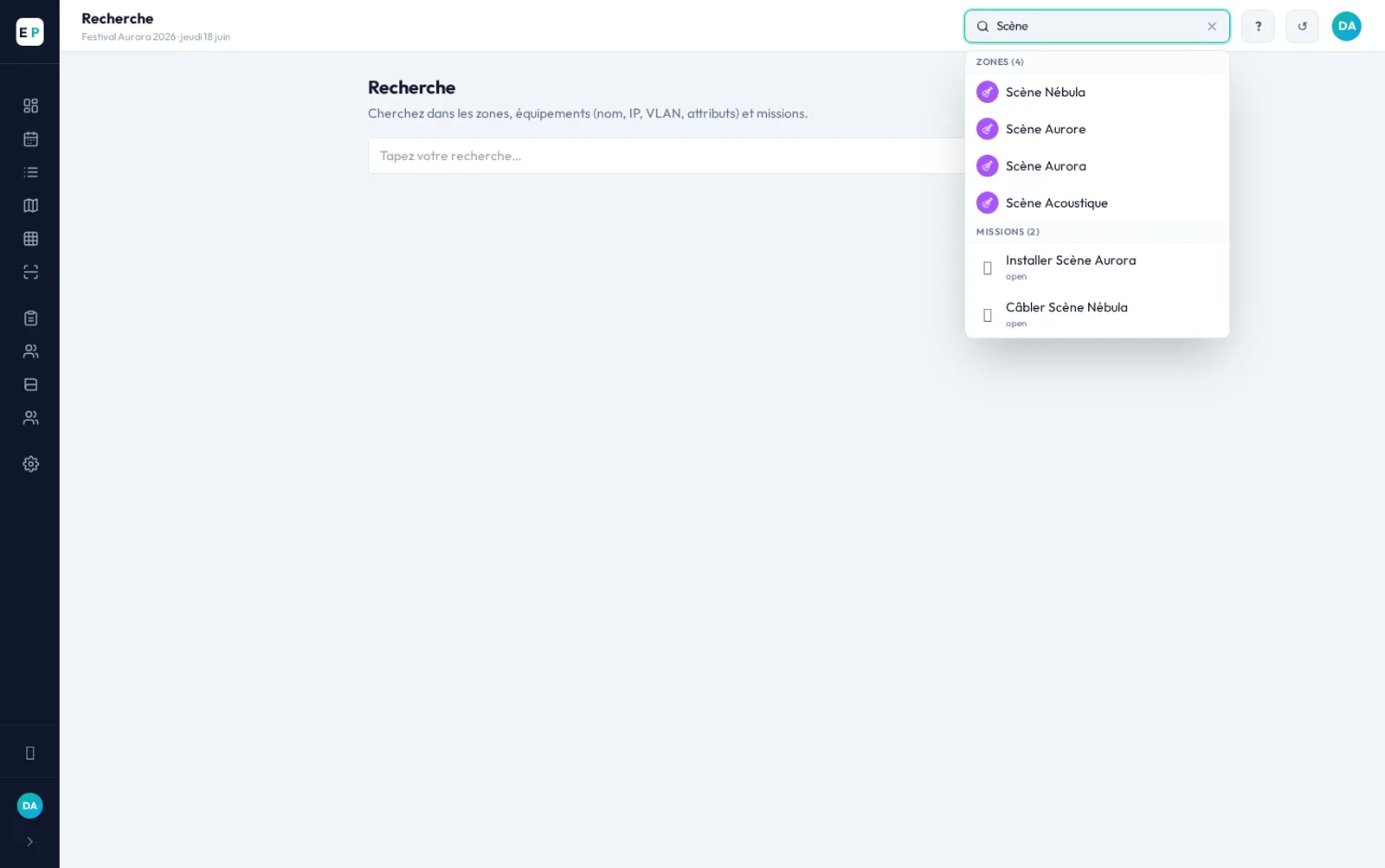 Recherche instantanée EventPlanner : résultats zones, équipements et missions au fil de la frappe