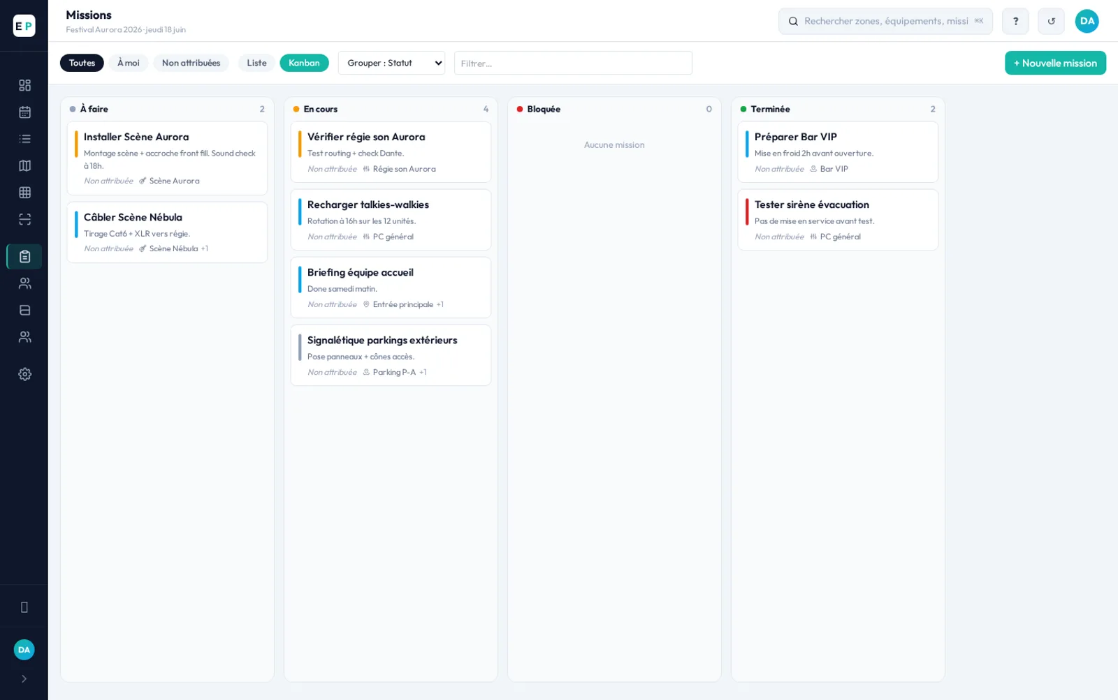 Board Kanban des missions EventPlanner