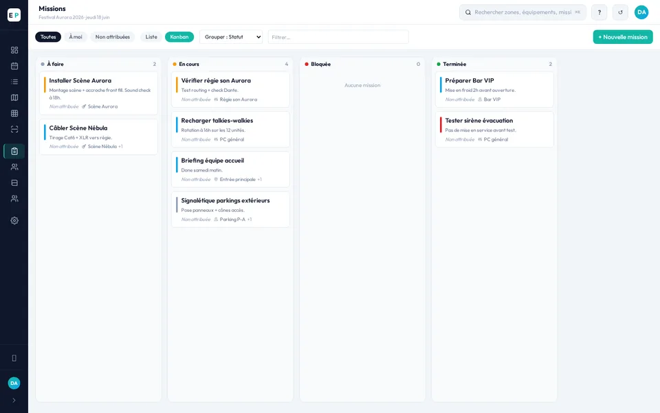 Board Kanban des missions EventPlanner : colonnes À faire, En cours, Terminé avec filtres et indicateurs WIP